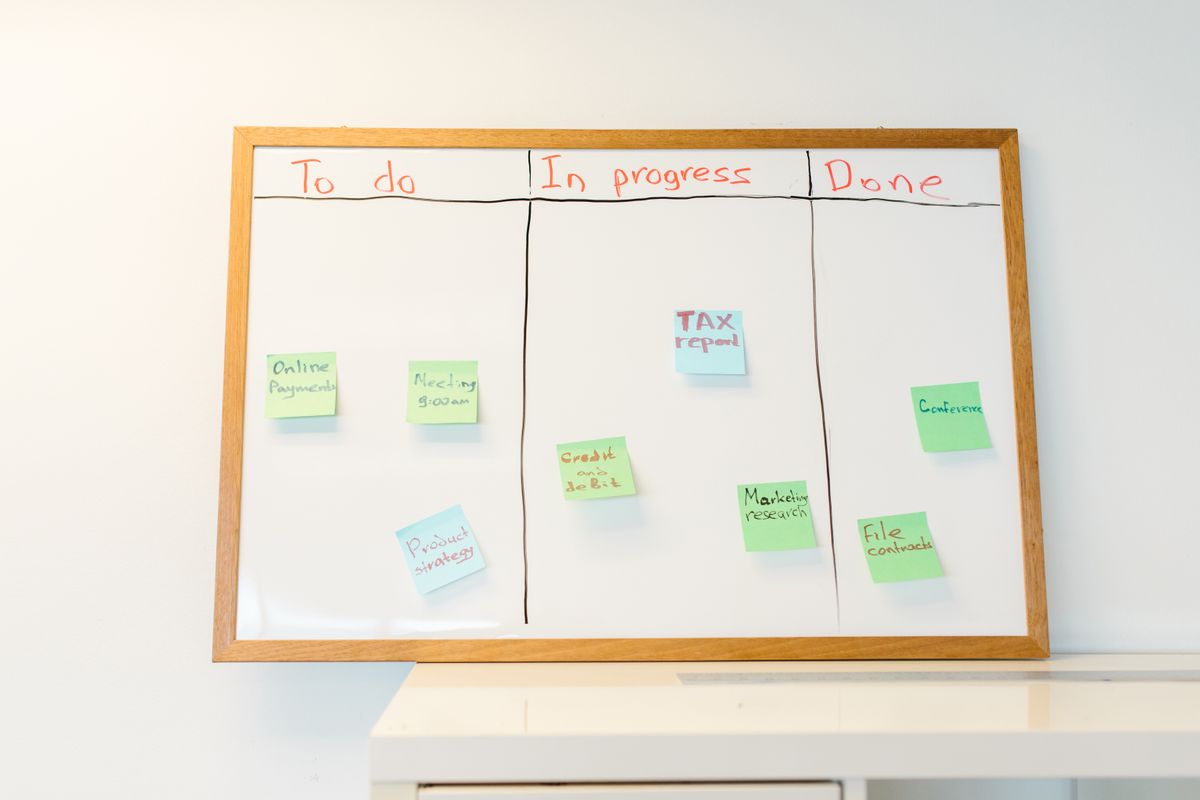 Whiteboard met gekleurde memobriefjes in de kolommen te doen, bezig en klaar als beeld van een proces dat je met AI-automatisering laat lopen
